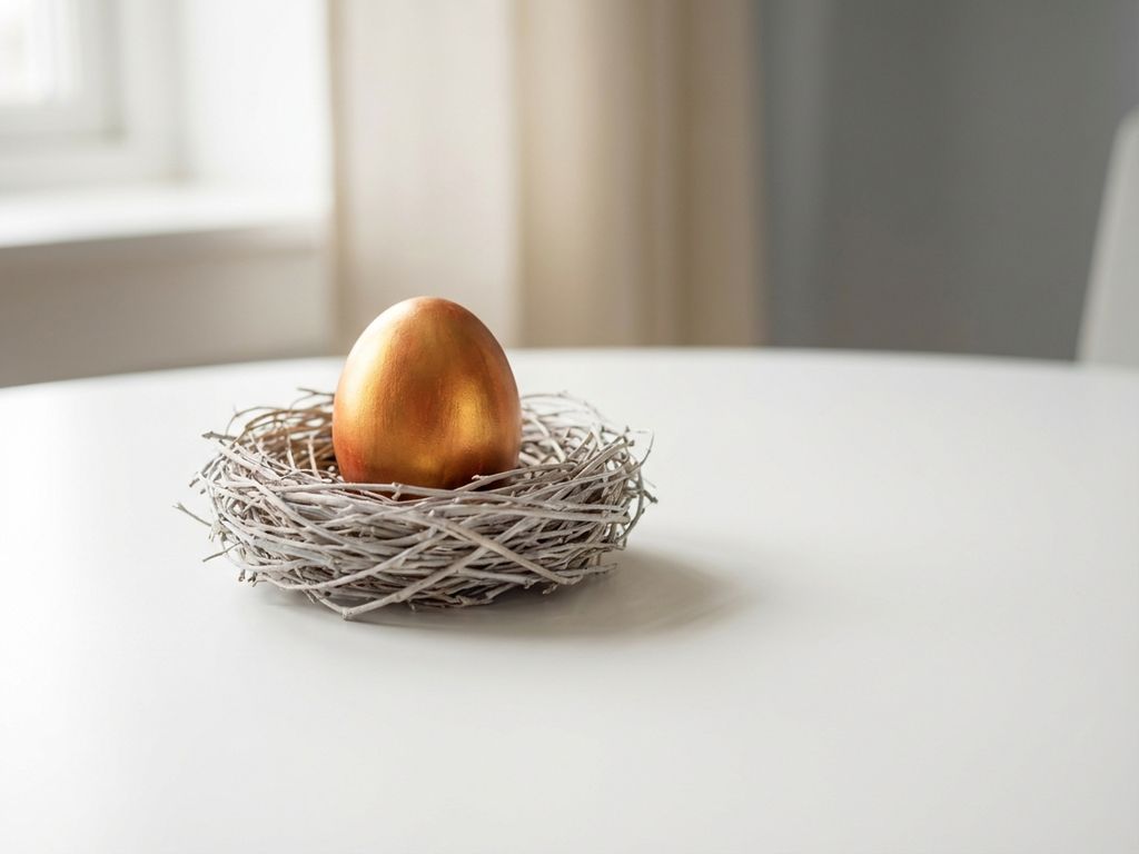Gouden ei rustend in minimalistisch nest op wit oppervlak, zacht ochtendlicht met warme highlights die waarde suggereren.