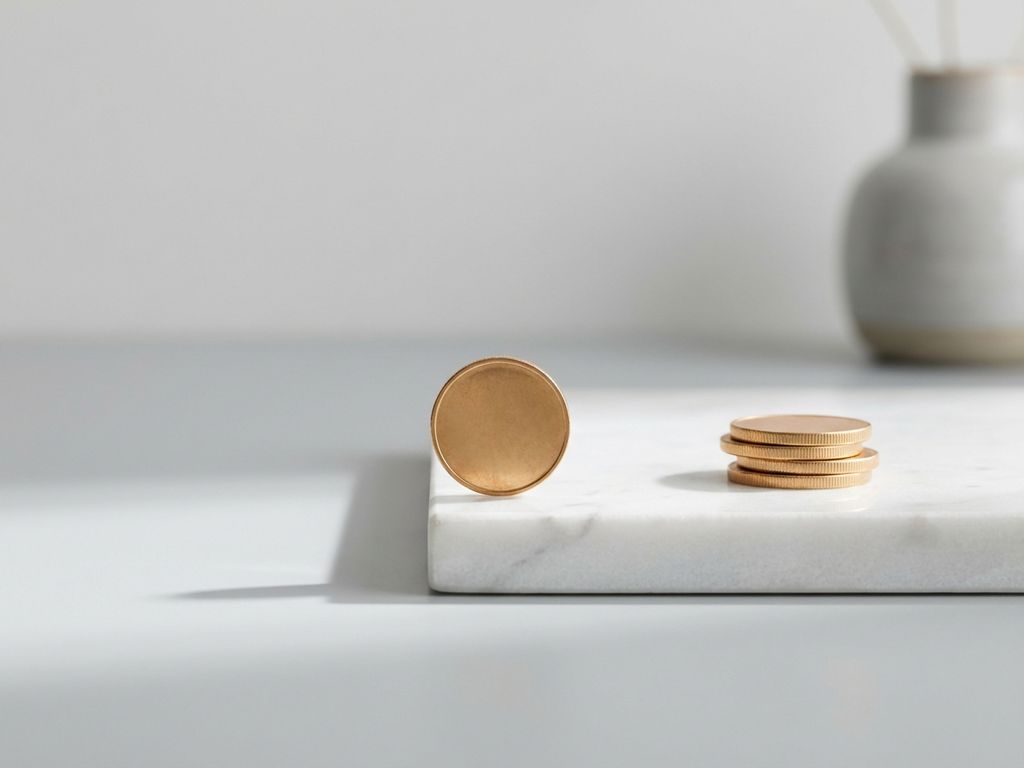 Gouden munt balancerend op rand van wit marmeren oppervlak met kleine stapel munten, minimalistisch bureau, zacht natuurlijk licht
