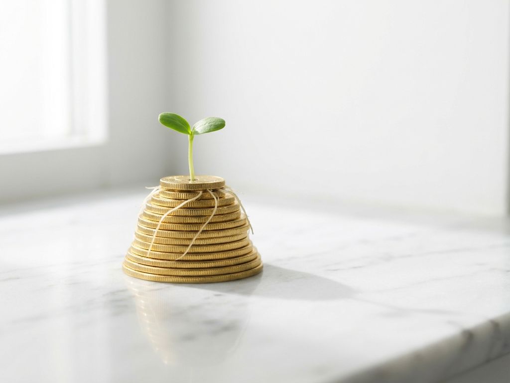 Jonge groene zaailing met zichtbare wortels groeit uit een stapel gouden munten op wit marmer, zacht natuurlijk licht