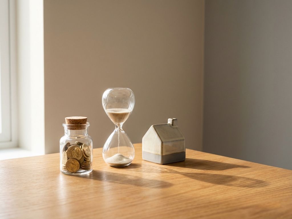 Glazen pot met gouden munten, miniatuur keramisch huis en zandloper op houten bureau in minimalistisch daglicht