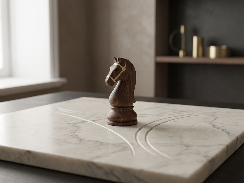 Gepolijst houten schaakpaard op marmeren oppervlak met drie subtiele paden, zacht natuurlijk licht, minimalistische compositie
