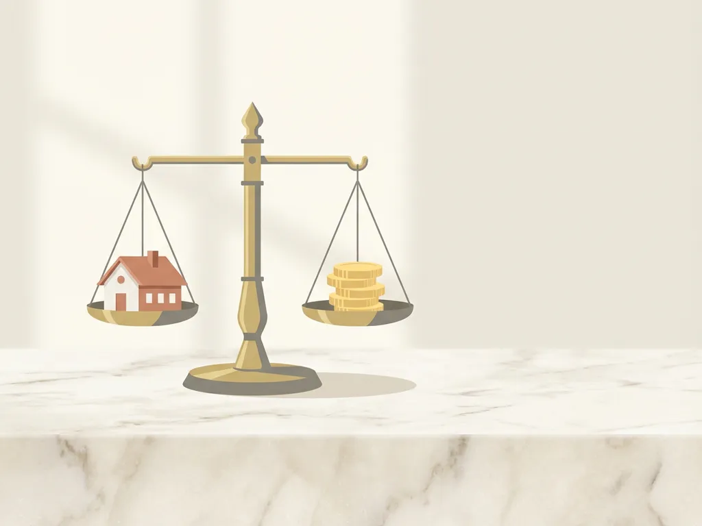 Messing balansweegschaal met miniatuurhuis en gouden munten op marmeren oppervlak, zachte natuurlijke verlichting