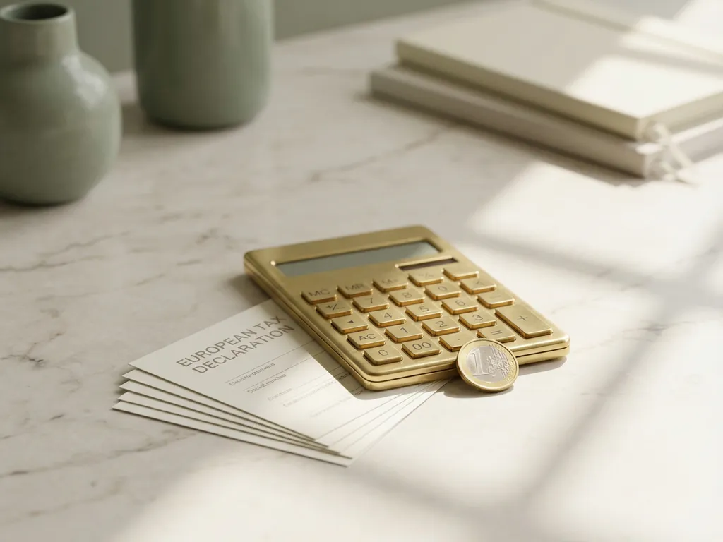 Belastingdocumenten onder een messing rekenmachine met euromunt op een marmeren bureau in zachte belichting