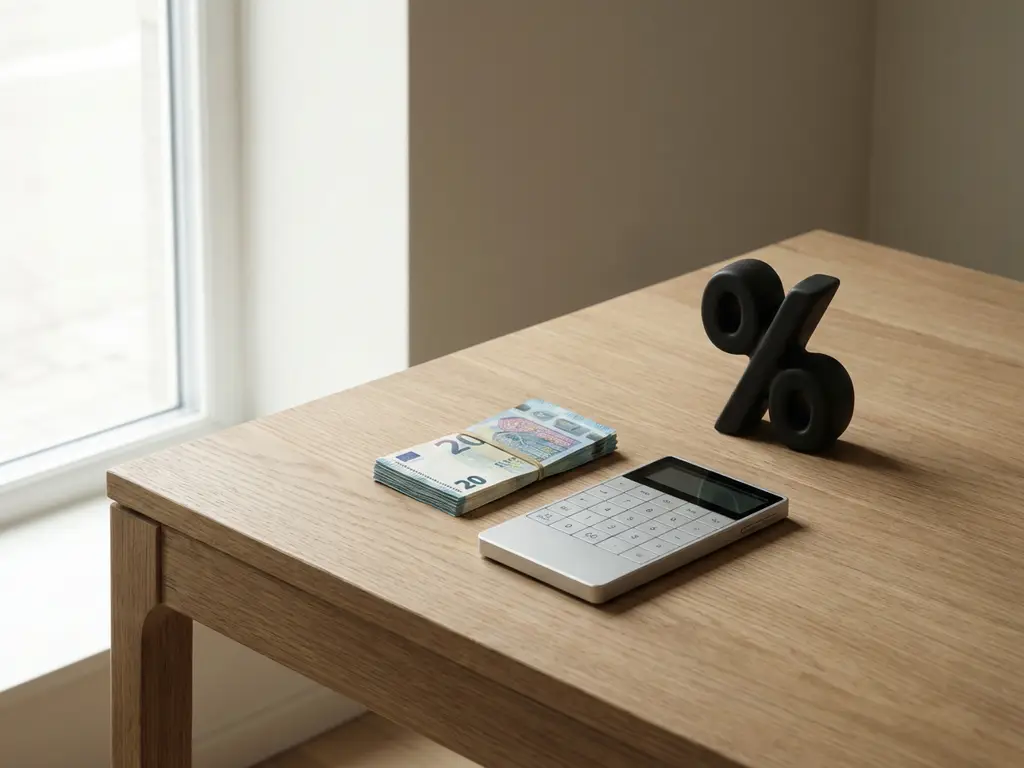 Eurobankbiljetten naast een minimalistische rekenmachine en zwart percentagesymbool op houten bureau in zacht daglicht
