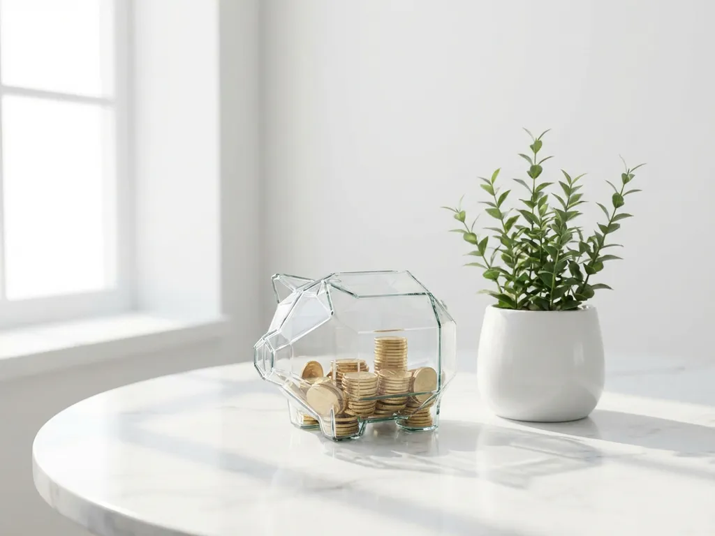 Glazen spaarvarken halfvol met gouden munten naast een kleine potplant op wit marmeren oppervlak in natuurlijk daglicht