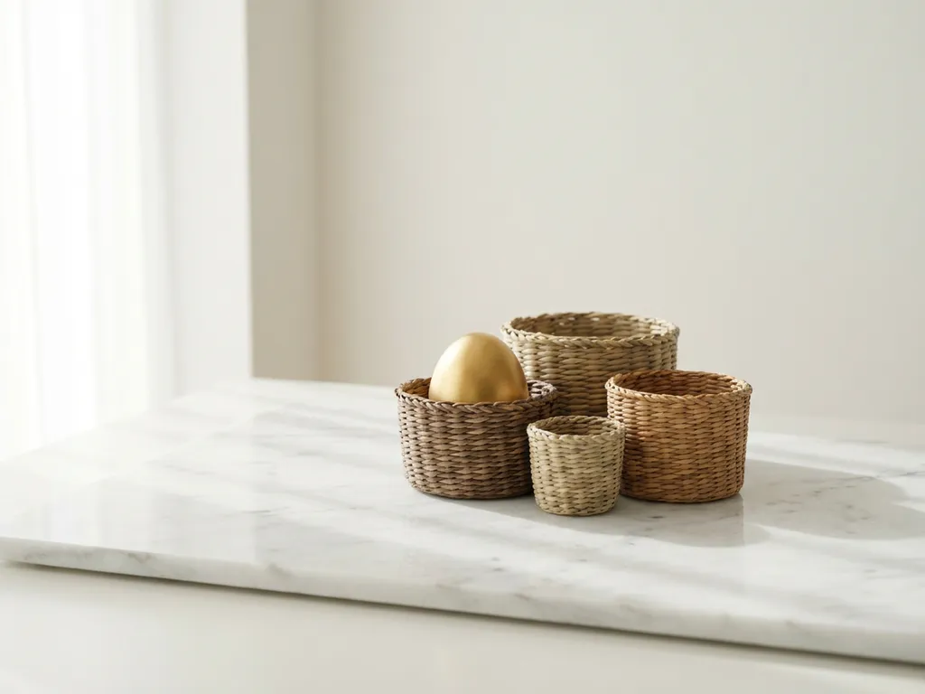 Gouden ei rustend in een nest van geweven mandjes op wit marmer, minimalistisch met zachte natuurlijke belichting