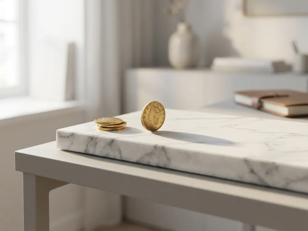 Gouden munt balancerend op witte marmeren rand met gestapelde munten ernaast in minimalistisch interieur met zacht licht