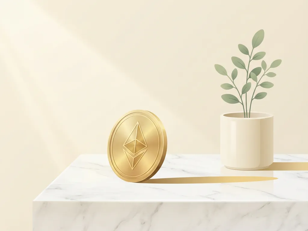 Gouden munt balancerend op rand naast minimalistische plant, zachte ochtendverlichting, vectorillustratie in crème en goudtinten