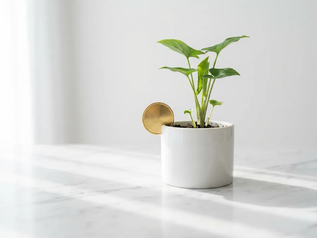 Gouden munt balancerend op rand van kleine potplant met groene bladeren op wit marmeren oppervlak in zacht ochtendlicht
