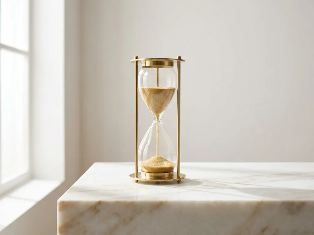 Elegante zandloper met gouden zand op marmeren oppervlak, minimalistisch ontwerp in warme ivoor- en goudtinten